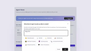 Interface showing the 'Create Agent' process in Refinder AI v1.5.0, featuring a 'blog writer' prompt and various agent templates.