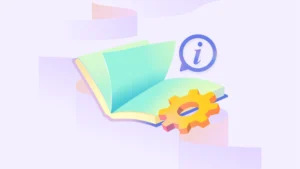 Illustration representing Agentic Knowledge Management: an open book symbolizing a knowledge base integrated with an automation gear and an intelligence icon.