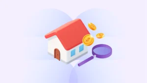A conceptual graphic of Refinder AI featuring a translucent glassmorphism magnifying glass scanning a house icon. The lens highlights specific details within the house, representing AI-powered search for real estate agents to find hidden insights in contracts and emails.