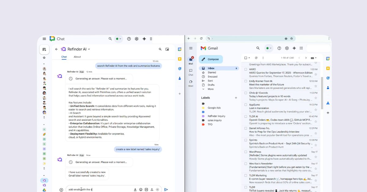 A split-screen demonstration of Refinder AI in Google Chat performing proactive execution by creating a new label in Gmail, highlighting its Zero UI capabilities.
