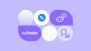 An abstract brand image for Refinder featuring icons for AI, data search, and productivity with a purple and blue gradient background.