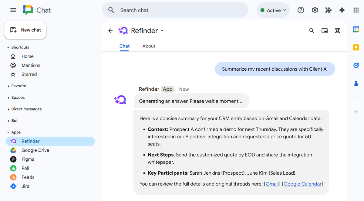 Refinder AI enhancing sales team efficiency through automated CRM logging and smart summaries of Gmail discussions.