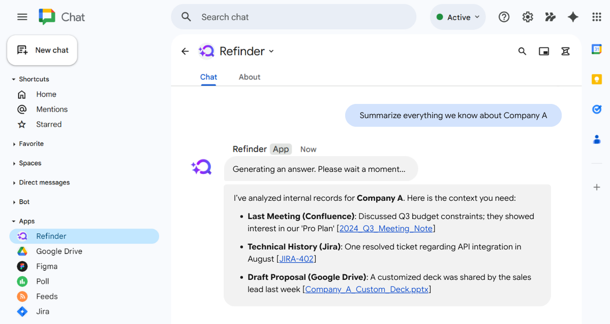 Refinder AI boosting sales team efficiency by summarizing internal lead history from Confluence and Jira.