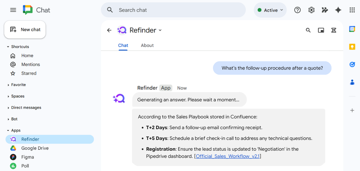 Refinder AI providing step-by-step sales follow-up procedures based on a handbook stored in Confluence.