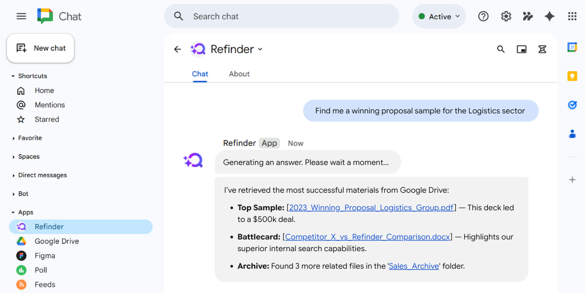 Rapid proposal generation to maximize sales team efficiency using Refinder AI to retrieve winning sales templates.