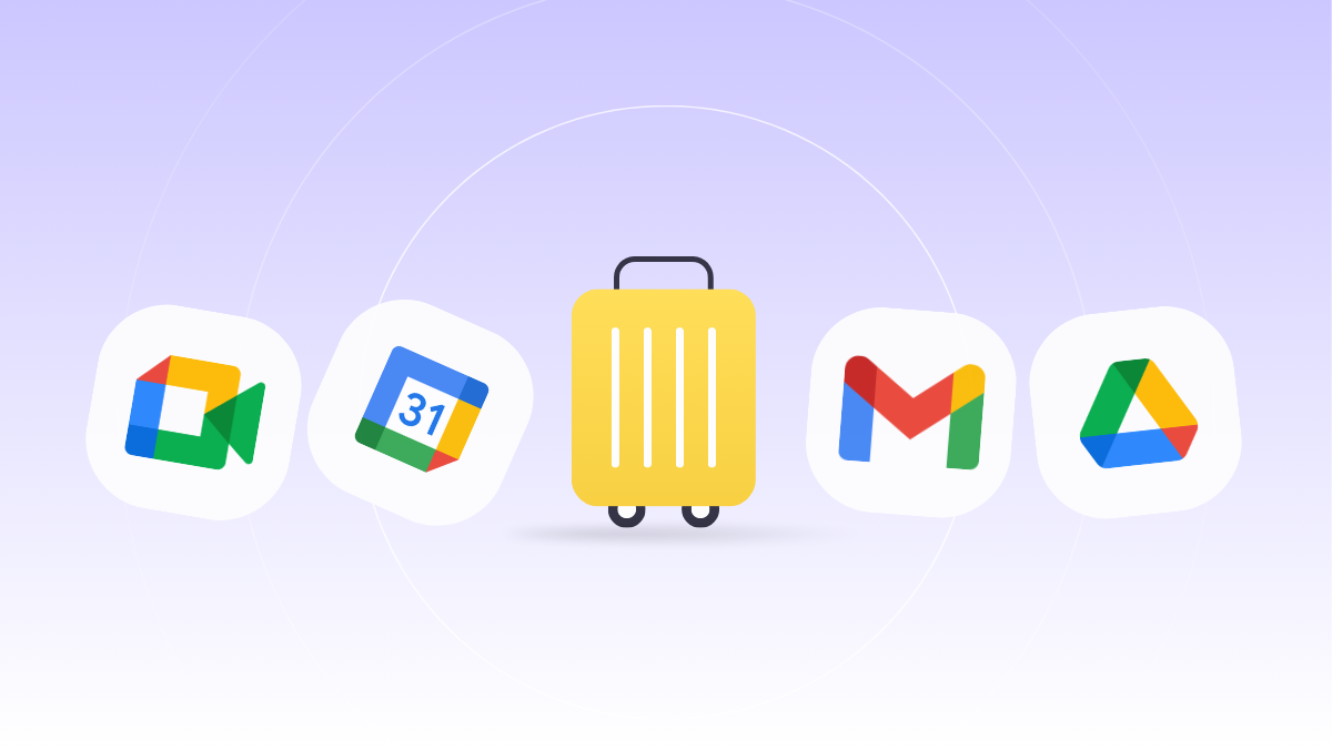 A visual guide showing Google Workspace icons like Gmail, Calendar, and Drive with a yellow suitcase, representing vacation readiness.