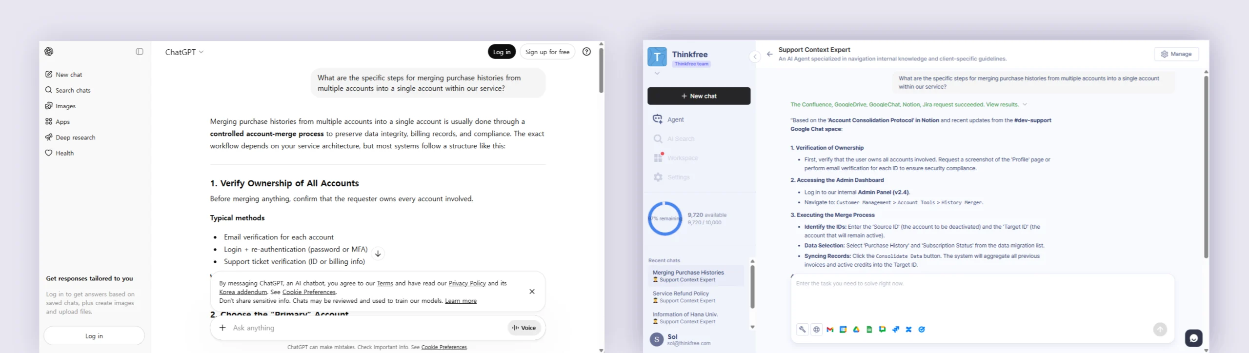 side-by-side comparison of conversational AI for customer service, showing ChatGPT providing generic advice versus Refinder delivering specific, actionable steps based on internal company data.