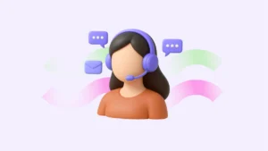 A 3D cartoon illustration of a customer service agent with a headset, surrounded by digital chat bubbles and email icons, representing AI-powered support.