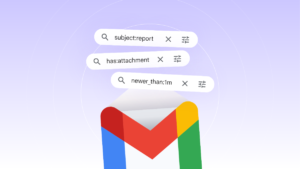 An illustration featuring the Gmail logo with three floating search bubbles demonstrating common search operators like "subject:report", "has:attachment", and "newer_than:1m" against a soft purple gradient background.