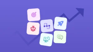 A cluster of six colorful tiles with business icons—a target, an out-of-the-box idea, process steps, a rocket, a data monitor, and speech bubbles—set against a purple background with a faint upward-trending arrow. This image illustrates a comprehensive strategy to increase employee productivity by optimizing internal operations.