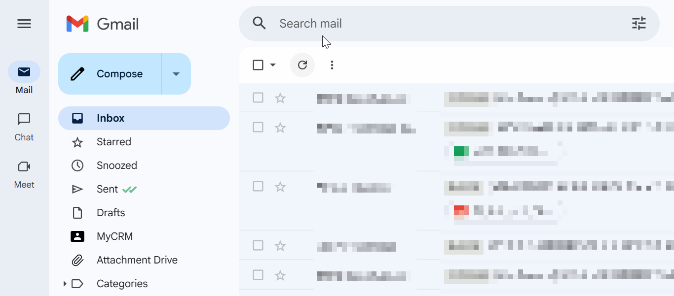 A GIF showing the standard Gmail inbox interface with a cursor clicking into the 'Search mail' bar at the top. The sidebar displays various folders such as Inbox, Starred, and Sent, illustrating where users should enter search operators.