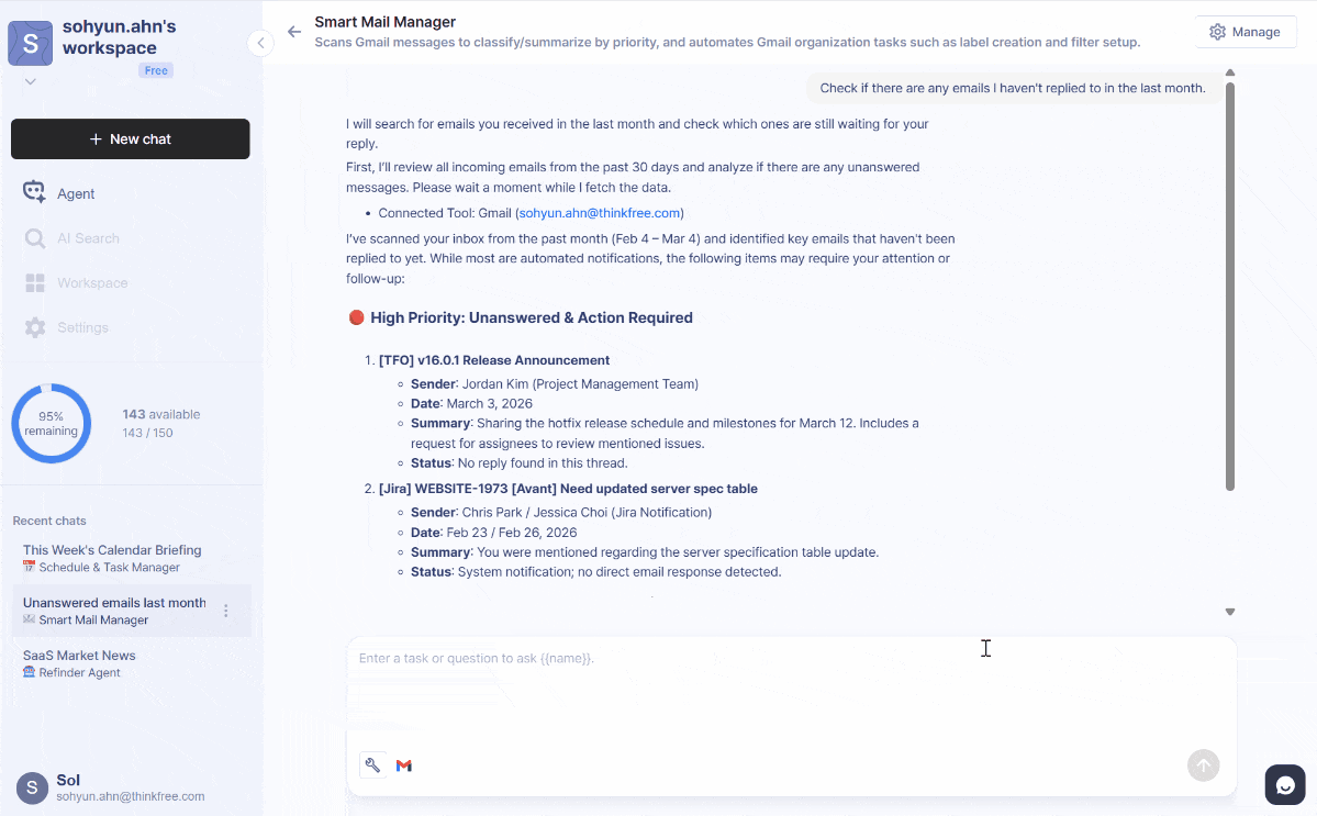 A GIF showing an agent (Smart Mail Manager) summarizing Gmail messages and identifying high-priority tasks.