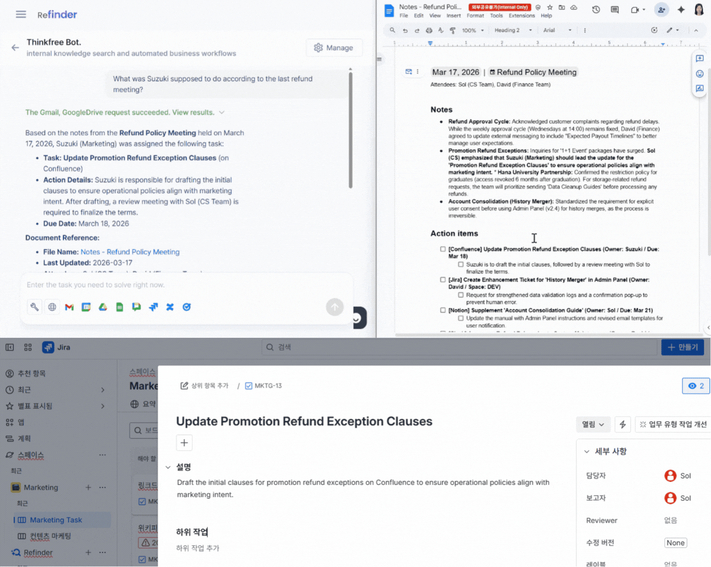 A split-screen demo showing Refinder's Thinkfree Bot analyzing meeting notes from a document and synchronizing tasks by creating a Jira ticket in the Marketing space assigned to Sol.