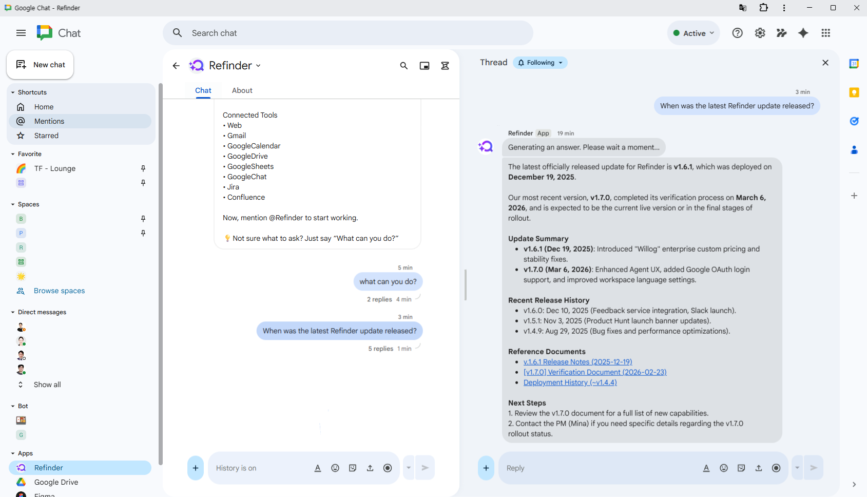 A screenshot of the Google Chat interface showing the Refinder AI agent providing an intelligent, summarized answer to the question "When was the latest Refinder update released?" The bot lists detailed version history, including v1.6.1 and the upcoming v1.7.0, along with reference documents. This demonstrates how Refinder integrates into daily workflows to increase employee productivity by providing instant access to internal documentation.