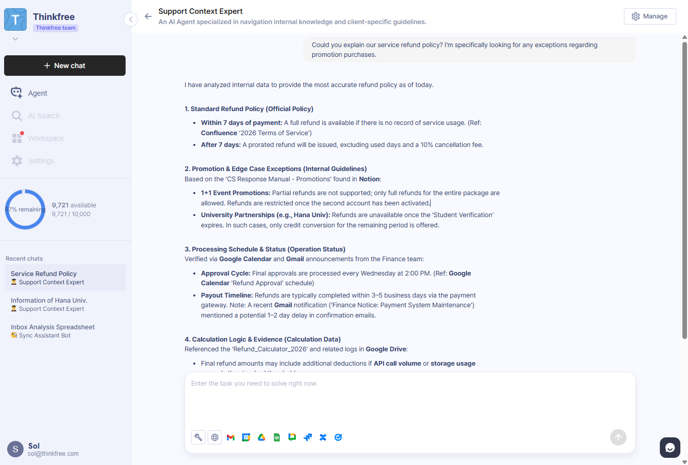 A Refinder AI agent providing a comprehensive refund policy by cross-referencing and analyzing data from Gmail, Confluence, Notion, Google Calendar, and Google Drive.