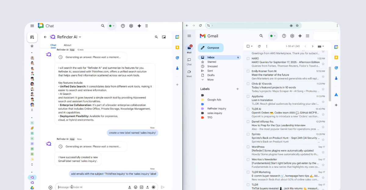 A split-screen screenshot showing Refinder AI in Google Chat on the left and Gmail on the right. In the chat, the user commands the AI to create a 'sales inquiry' label and filter specific emails. The Gmail sidebar on the right confirms the real-time creation and application of the new label, demonstrating AI-powered inbox management.