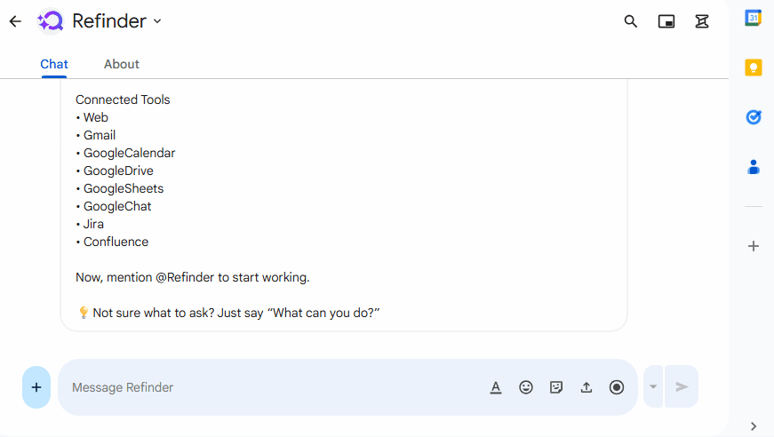 A GIF showing the Refinder AI interface within Google Chat, displaying a list of connected tools including Gmail, Google Drive, Jira, and Confluence. The interface prompts the user to mention @Refinder to start searching across all platforms.