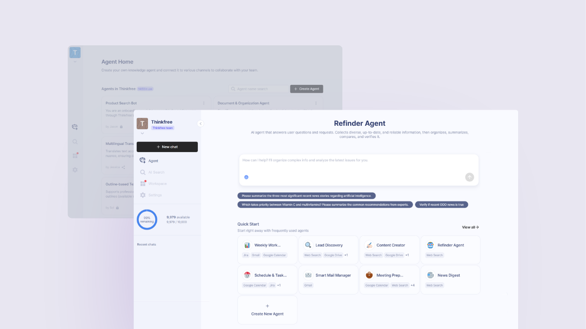 An overview of the Refinder AI Agent Home interface featuring the new search bar, Quick Start presets, and the Create New Agent button, showcasing a clean and modern productivity workspace.