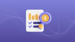 A magnifying glass with a dollar sign analyzing business data charts, representing Refinder's agentic intelligence for startup founders