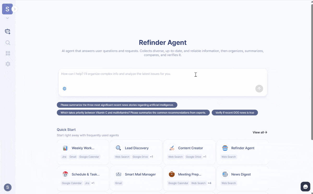 An animation showing the user browsing through various Quick Start agent presets like News Digest and Content Creator.