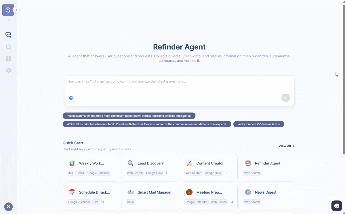 An animation showing the user browsing through various Quick Start agent presets like News Digest and Content Creator.