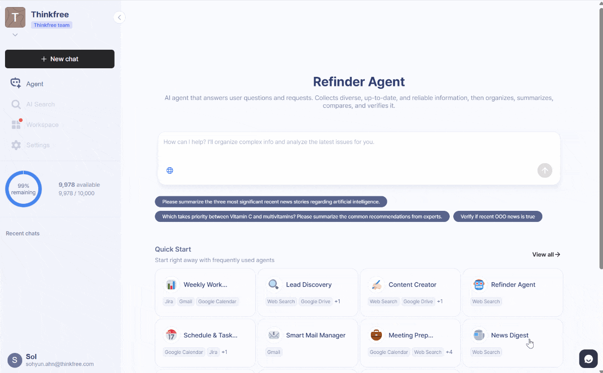A demonstration of the Refinder Agent processing a search query and analyzing complex information.