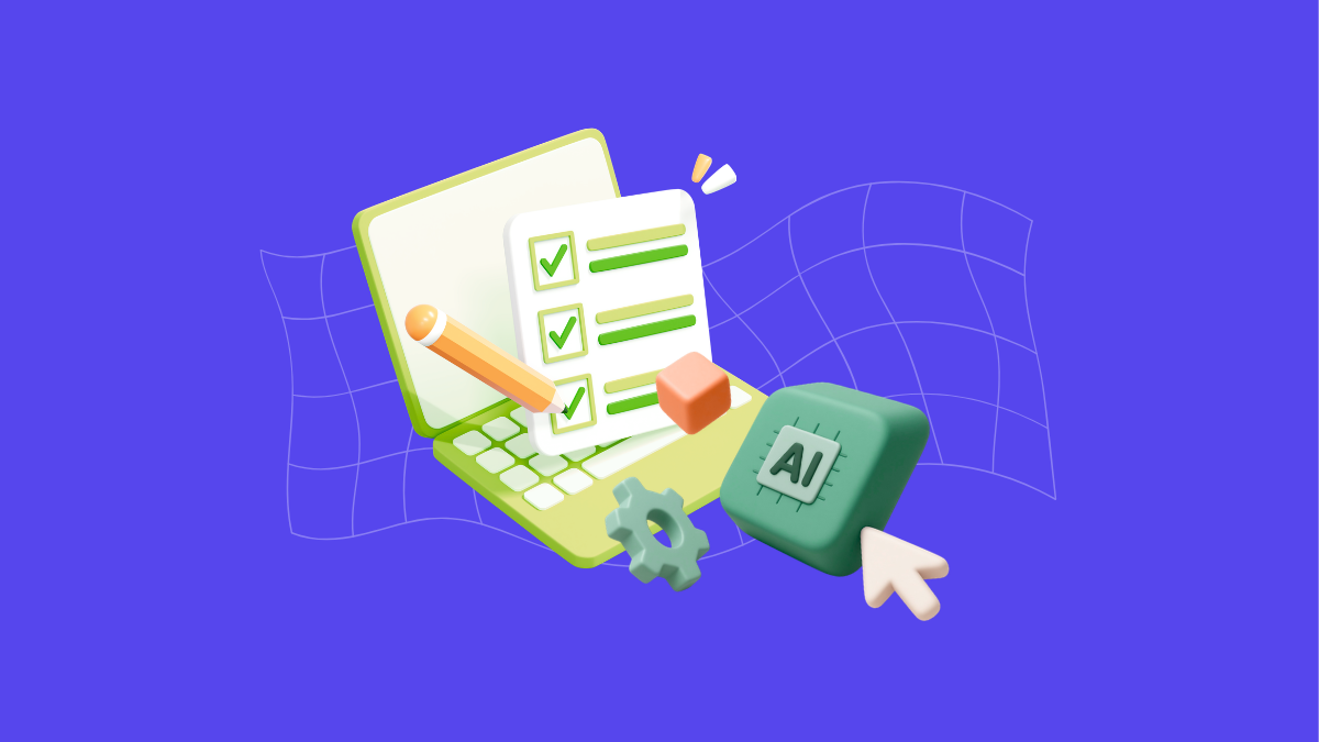 A 3D isometric illustration of a lime-green laptop with a completed AI deployment checklist on the screen, a pencil, a gear icon, an AI processor block, and a cursor, on a vibrant purple background.