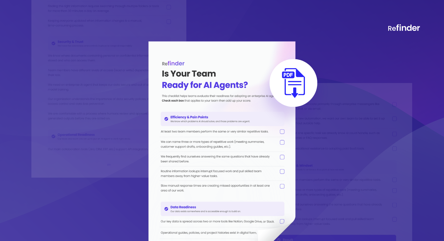 A preview image of the Refinder AI Agent Readiness Checklist, featuring sections on Efficiency & Pain Points and Data Readiness with checkboxes on a purple background.