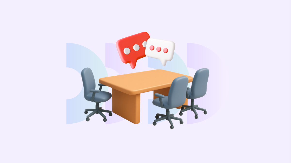 A 3D rendering of a modern meeting setup with floating chat bubbles, illustrating how to write meeting minutes with automation.