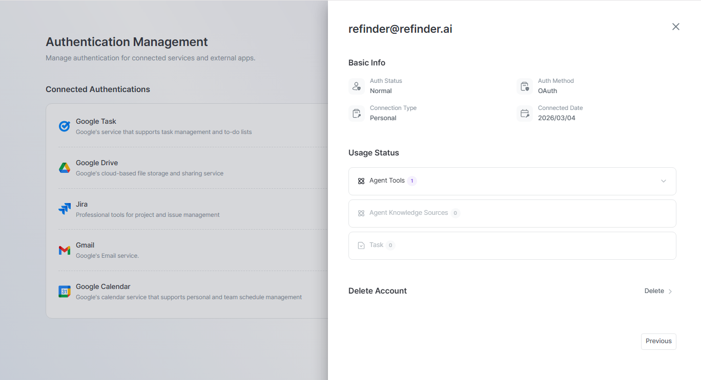 The main Authentication Management screen in Refinder, displaying a centralized list of connected integrations and external services such as Google Task, Google Drive, Jira, Gmail, and Google Calendar.
