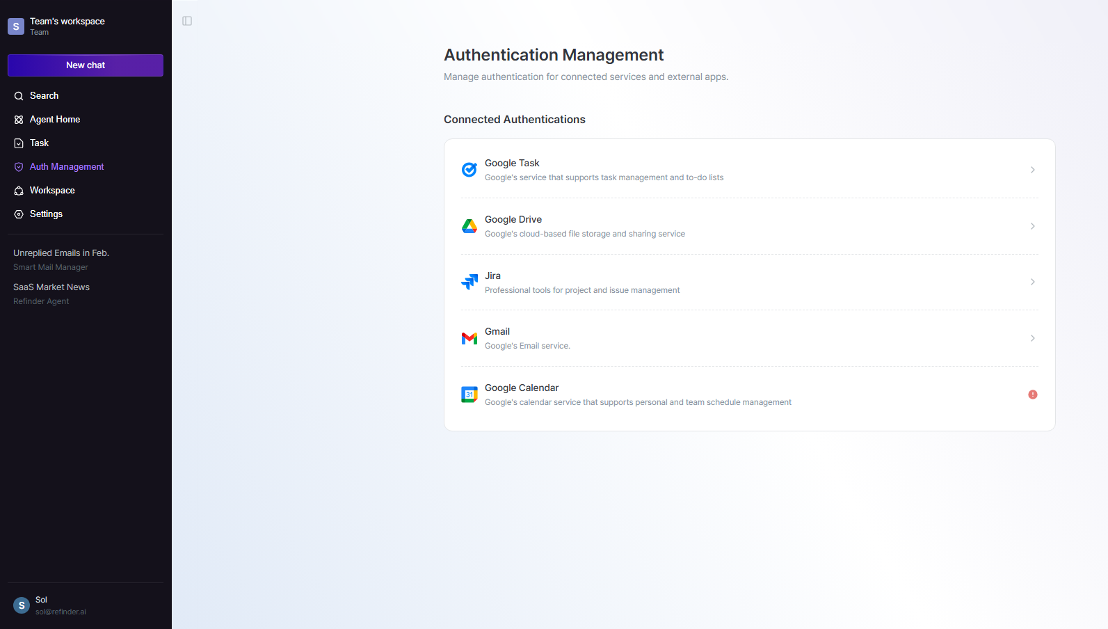 A detailed side-panel view of a specific authenticated email account within Refinder's Authentication Management, showing basic auth info, connection method, and its active usage status across agent tools and tasks.