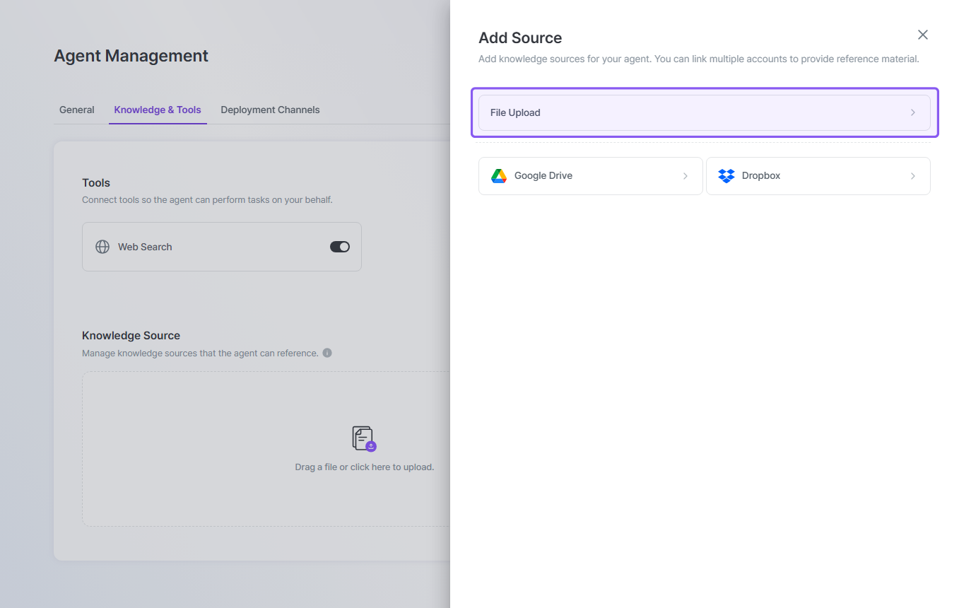 A screenshot of the Agent Management interface in Refinder, showing an 'Add Source' modal window with options to upload files or link external accounts like Google Drive and Dropbox under the Knowledge & Tools tab.