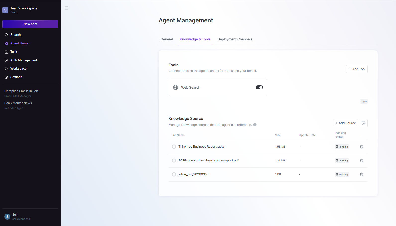 The Knowledge & Tools section under Refinder's Agent Management page, showing a list of registered files—including a PPTX business report and a PDF enterprise report—with their sizes and a 'Pending' status for indexing.