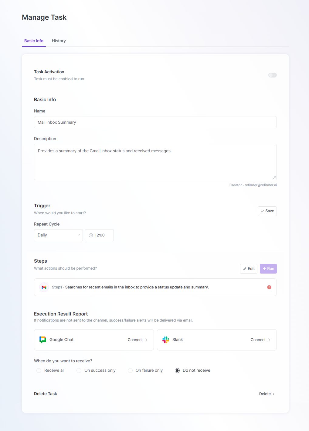 The Manage Task dashboard in Refinder displaying a workflow configuration titled 'Mail Inbox Summary'. It highlights a daily repeating trigger at 12:00, execution steps for scanning recent emails, and options to connect execution result reports to Google Chat or Slack.